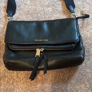 Michael Kors Black Leather Crossbody Bag with Silver Accents
